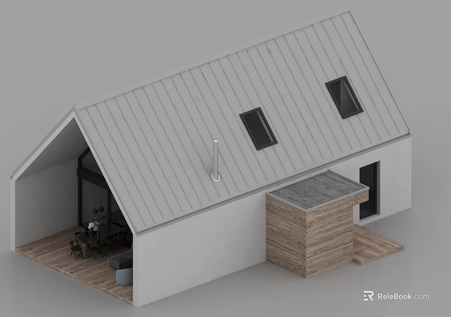 Modern Detached House with Gray Metal Roof Dormer Windows Wooden Entrance and Outdoor Seating Area 3d model 