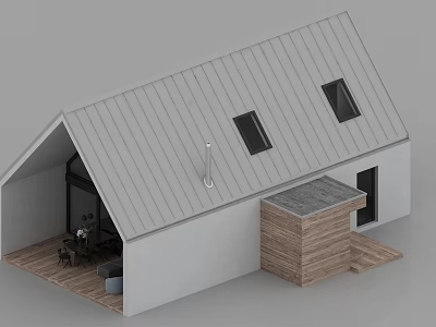 Modern Detached House with Gray Metal Roof Dormer Windows Wooden Entrance and Outdoor Seating Area 3d model