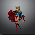 Blonde Female Superhero In Blue Costume With Red Cape Dynamic Pose Dark Background