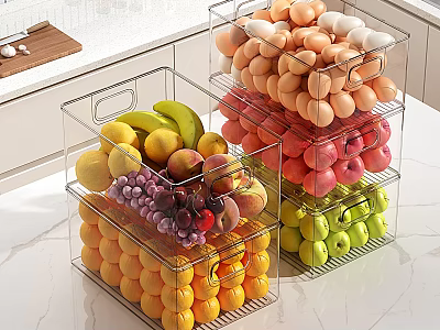 Fresh Bananas Peaches Grapes Apples Oranges Organized in Clear Storage Boxes on Kitchen Countertop 3d model