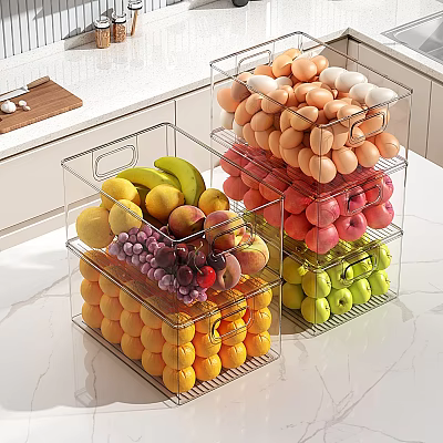 Fresh Bananas Peaches Grapes Apples Oranges Organized in Clear Storage Boxes on Kitchen Countertop 3d model