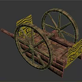 Ancient Wooden Cart With Large Spoked Wheels And Yellow Flags With Black Spiral Patterns