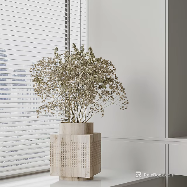 Minimalist Modern Vase with Dried Flowers by White Wall and Window Blinds 3d model 