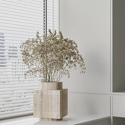 Minimalist Modern Vase with Dried Flowers by White Wall and Window Blinds 3d model