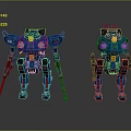 Blue Mechanical Robots With Glowing LED Eyes Metallic Texture And Weaponry In Studio Lighting