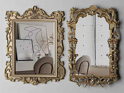 Ornate Gold Framed Decorative Mirrors With Intricate Carvings Reflecting Interior Elements 3d model