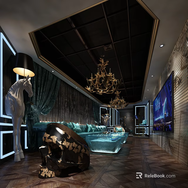Luxurious KTV Lounge Interior With Crystal Chandeliers Blue Sofa And Art Decor 3d model 