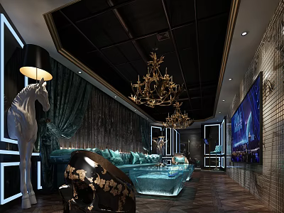 Luxurious KTV Lounge Interior With Crystal Chandeliers Blue Sofa And Art Decor 3d model