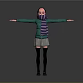 3D Character Model With Green Top Purple Striped Scarf Gray Skirt Black Stockings Arms Outstretched