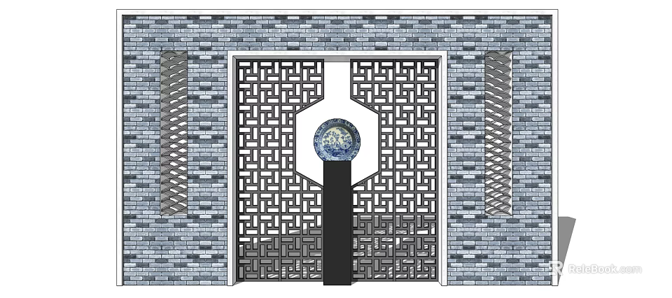 Chinese Scenic Wall with Intricate Lattice Central Spherical Decoration Black Pillar and Brick Wall 3d model 