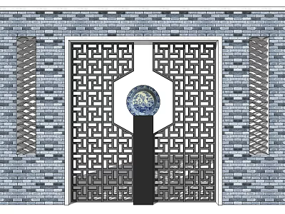 Chinese Scenic Wall with Intricate Lattice Central Spherical Decoration Black Pillar and Brick Wall 3d model