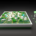 Display Cabinet Shelf Displaying Urban City Model With Green Areas White Buildings And Yellow Roads