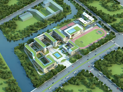 Modern School Building Complex With Green Campus Sports Field And River View 3d model