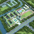 Modern School Building Complex With Green Campus Sports Field And River View