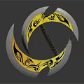 Double Ring Bladed Weapon With Yellow Black Decorative Patterns Metal Blades And Wooden Handle