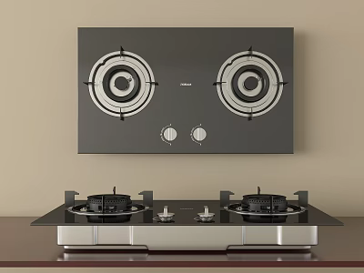 Modern Gas Stove Cooktop With Two Burners Black Panel And Silver Knobs 3d model