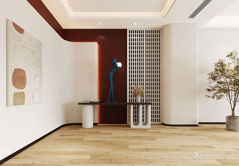 Modern Entryway Hallway Interior With Wooden Flooring Decorative Painting Lattice Partition And Sculpture 3d model 