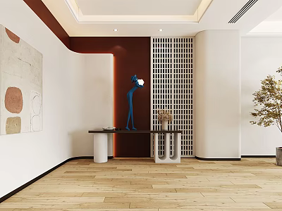Modern Entryway Hallway Interior With Wooden Flooring Decorative Painting Lattice Partition And Sculpture 3d model