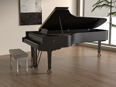 Black Grand Piano With Small Stool And Wall Artwork In Bright Room With Window Plant 3d model