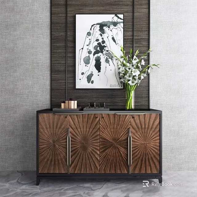 Modern Entryway Console Table With Wooden Doors Metal Handles Vase Flowers And Black White Painting 3d model 