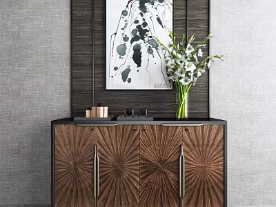 Modern Entryway Console Table With Wooden Doors Metal Handles Vase Flowers And Black White Painting 3d model