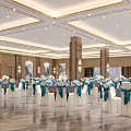 Spacious Banquet Hall Featuring White Tablecloths Blue Ribbons And Flower Centerpieces