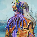 Octopus Game Movie Characters in Elaborate Purple Gold Costumes on Blue Sea with Sailing Ships