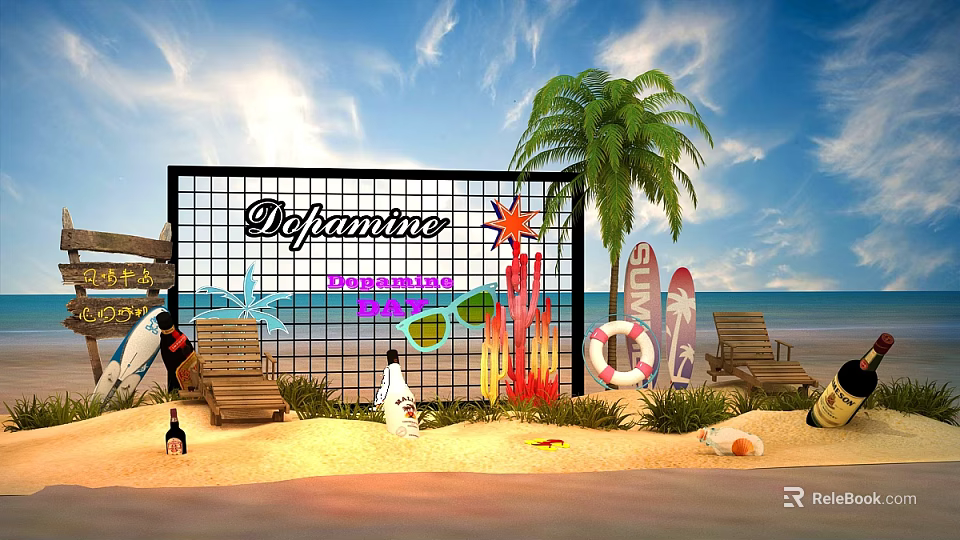 Dafantine Beach Scene With Palm Tree Surfboards Lifebuoy Deck Chairs And Seashells 3d model