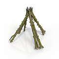 Rustic Triangular Campfire Structure Built With Natural Twigs In Outdoor Setting