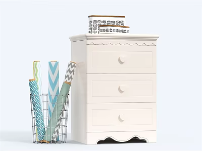 White Chest of Drawers Featuring Metal Basket with Rolled Papers Round Knobs and Scalloped Base 3d model