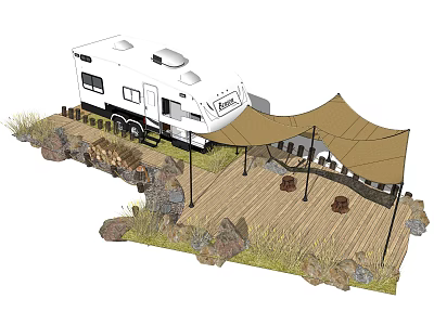 RV Camping Setup With Canopy Wooden Deck Rocks And Grass Area 3d model