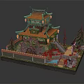 Whimsical Cartoon Scene With Chinese Style Tower Orange Roof Lanterns Watermill Pine Trees Small Pond