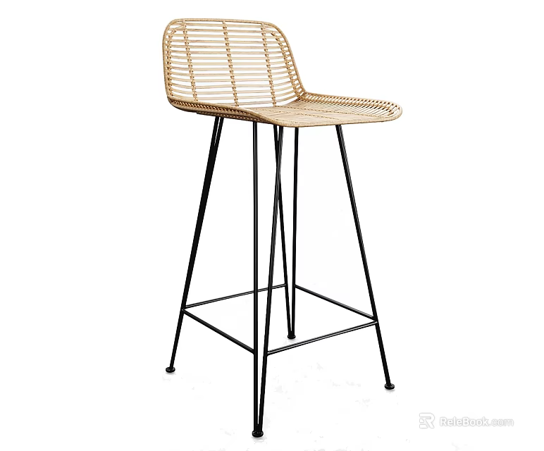 Modern Rattan Bar Stool With Backrest Seat And Black Metal High Leg Frame Design 3d model 