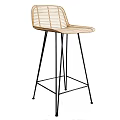 Modern Rattan Bar Stool With Backrest Seat And Black Metal High Leg Frame Design