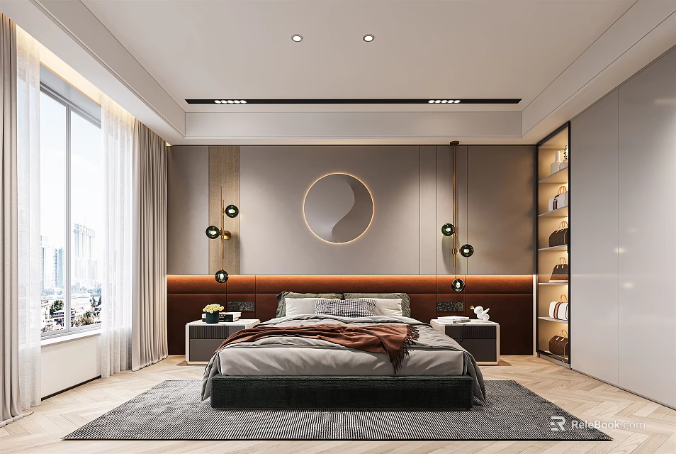 Modern Bedroom Interior With Large Windows Circular Wall Decor And Pendant Lights 3d model