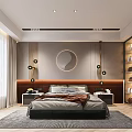 Modern Bedroom Interior With Large Windows Circular Wall Decor And Pendant Lights 3d model