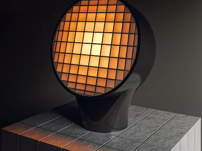 Modern Circular Grid Table Lamp With Warm Yellow Light On Gray Tiled Surface 3d model