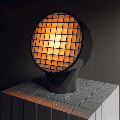 Modern Circular Grid Table Lamp With Warm Yellow Light On Gray Tiled Surface 3d model