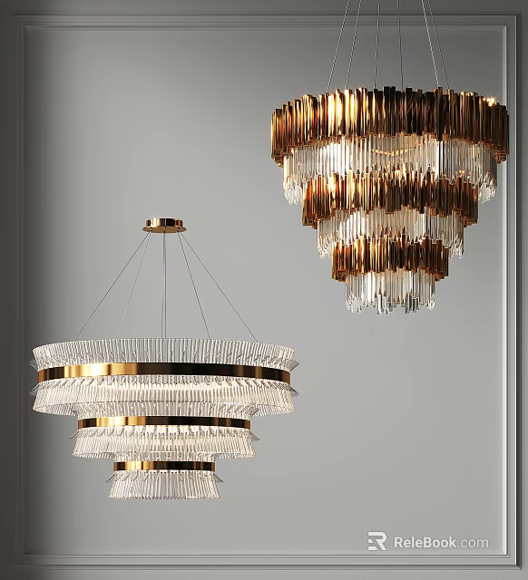 Modern Layered Chandeliers With Gold Frames And Crystal Elements For Interior Design 3d model 
