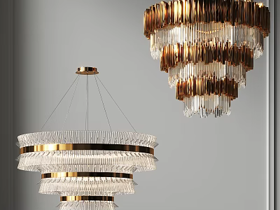 Modern Layered Chandeliers With Gold Frames And Crystal Elements For Interior Design 3d model