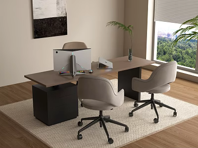 Modern Office Desk Setup With Two Chairs Computer Monitor Potted Plant And Window View 3d model