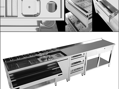 Modern Commercial Kitchen Equipment Stainless Steel Workbench With Sink Storage Drawers And Compartments 3d model