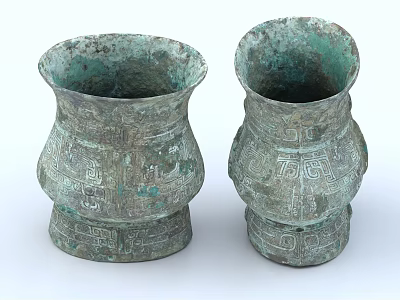 Pair Of Ancient Style Ceramic Vessels With Intricate Carvings And Green Patina 3d model