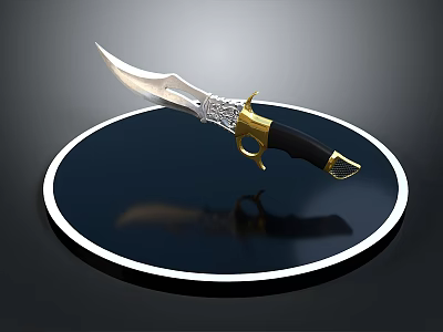 Decorative Weapon Knife With Intricate Blade Design Black And Gold Handle On Circular Display Platform 3d model