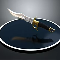 Decorative Weapon Knife With Intricate Blade Design Black And Gold Handle On Circular Display Platform