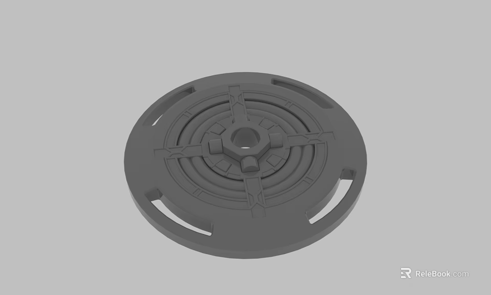 Gray Circular Mechanical Component With Central Protrusion And Symmetrical Structural Openings 3d model 