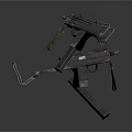 3D Rendered Firearms Equipment Including Submachine Gun And Magazine On Dark Background