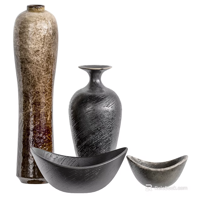 Decorative Ceramic Vessels In Various Shapes With Textured Black And Brown Surfaces 3d model 