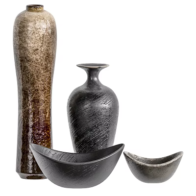 Decorative Ceramic Vessels In Various Shapes With Textured Black And Brown Surfaces 3d model