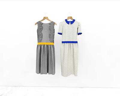 Women's Fashion Dresses Gray Sleeveless Lace Decor Yellow Belt White Blue Collar Cuffs Belt 3d model